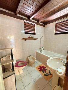 a bathroom with a sink and a toilet and a tub at Duplex in Bouillé