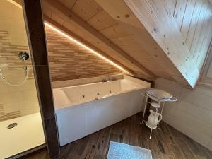 a bathroom with a large tub in a attic at Appartamenti Daberto Fabiola in Arabba +42 photos