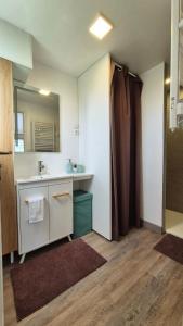 a bathroom with a sink and a mirror at Crevette rose à 100m de la plage de sable de Surtainville in Surtainville +12 photos
