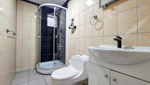 a bathroom with a toilet and a sink and a shower at Lodge playa pupelde, Ancud in Mecura +38 photos