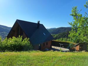 a house with a black roof in a field at Les hauts du Schliffels in Fellering