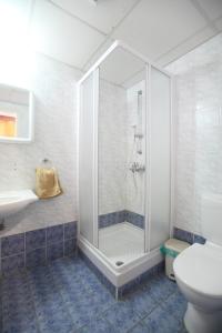 a bathroom with a shower and a toilet and a sink at Captain Karas Holidays Apartments in Protaras