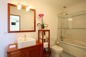 een badkamer met een wastafel, een toilet en een spiegel bij Villa Le Port d'attache in Vallauris +48 foto's