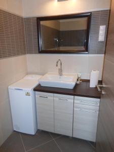 uma casa de banho com um lavatório branco e um espelho. em Solar Golden Beach Apartments em Siófok