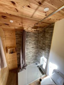 a bathroom with a shower with a wooden ceiling at Les Roulottes des Bois d'Ormes in Bessey-en-Chaume +10 photos