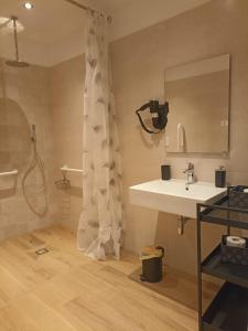 a bathroom with a sink and a shower curtain at Edera Hall Inclusive in Cerano d'Intelvi