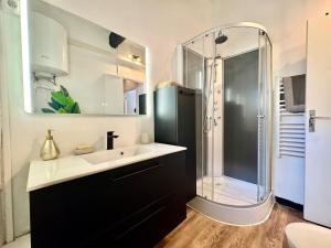un baño con lavabo y ducha en Ostalet Blau Climatisé, en Béziers 29 fotos más