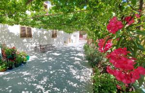 a walkway with flowers and a table and a building at Holiday House Jure in Senj +32 photos