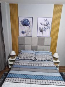 a bed in a bedroom with paintings on the wall at Apto no Centro de São Leopoldo in São Leopoldo +18 photos