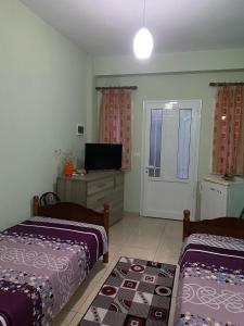 Una sala de estar con dos camas y un televisor. en Charming Lakeside Stay, en Pogradec