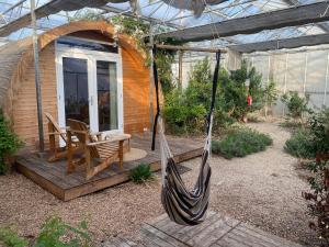 a hammock in a garden with a house at Very unique 'tiny house' with Hottub in Rijsenhout +13 photos