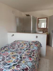 een slaapkamer met een bed met een kleurrijk kussen bij studio and large, beautiful pool in Saint-Ambroix