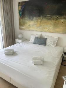 a large white bed with two pillows on it at Beautiful Flat with garden view, terrace and parking-105 in Luxembourg