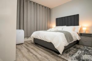 a bedroom with a large bed with a black headboard at Windhoek Oasis On 77 in Windhoek +7 photos