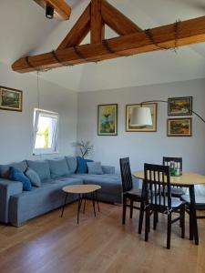 a living room with a blue couch and a table at Kuća za odmor Lončarević in Manđelos