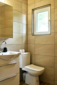 a bathroom with a toilet and a sink and a window at RomaOlyaHouse in Budva