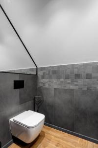 a bathroom with a white toilet and gray tiles at Bike ApartHouse 44 in Radomierzyce