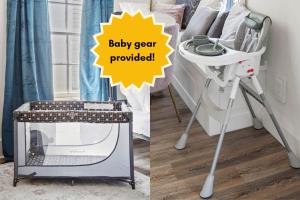 a baby gate and a high chair next to a bed at Suite C Beach, Firepit, Dog-friendly, Downtown! in Biloxi