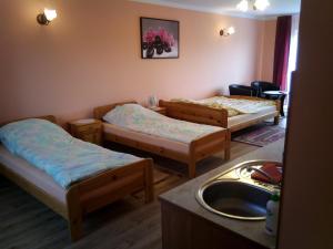 a room with three beds and a sink at Pokoje Pod Łukami in Solina