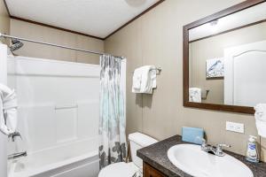 a bathroom with a sink and a toilet and a mirror at Hot Tub and Fire Pit Getaway in Sevierville! in Sevierville +20 photos