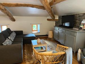 a living room with a couch and a tv at Au rythme de Plume et Louna in Molompize