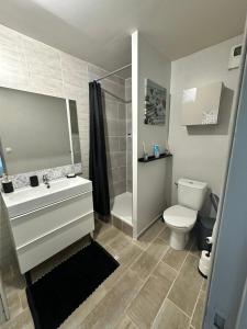 a bathroom with a white sink and a toilet at Le Cosy De La Gare 3 in Nazelles +10 photos