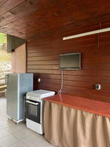 a kitchen with a stove and a tv on the wall at Casa Melania in Eşelniţa