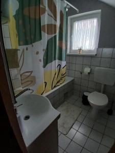 a bathroom with a sink and a toilet and a window at Yellow Rose in Rakovica +29 photos