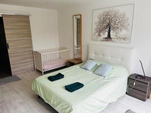 a bedroom with a bed with two blue pillows on it at Villa Riva-Mela in Ouistreham