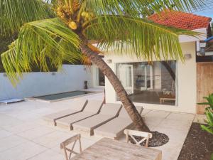 a palm tree sitting next to a table and benches at Amada Penida Villa in Nusa Penida