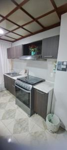 a kitchen with a stove and a counter top at Encantadoras Habitaciones Privadas Del Valle in Mexico City