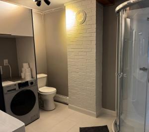 a bathroom with a shower and a toilet and a sink at oasis du cowboy in Saint-Tite