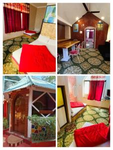a collage of four pictures of a hotel room at Khatija resort in Matheran
