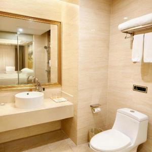 a bathroom with a toilet and a sink and a mirror at Vienna Hotel Shenzhen Longhua Good Day in Tiantangwei +52 photos
