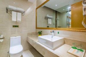 a bathroom with a sink and a toilet and a mirror at Vienna Hotel Guangdong Meizhou Fengshun in Tangkeng +131 photos