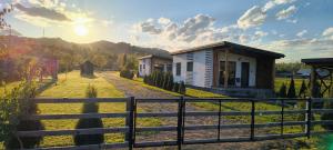 布泽乌河畔瓦马乡FAN BunGALow Vama Buzaului的田野里一排房子，天空中阳光明媚