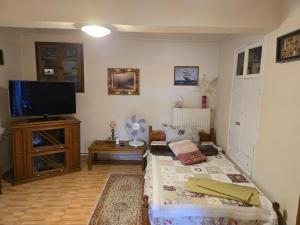 a living room with a bed and a flat screen tv at The Aegean balcony in Enoría