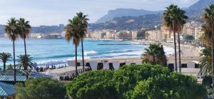 a view of a beach with palm trees and the ocean at Spectacular Seaview & Sunset Studio in Old Town in Menton