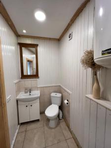 a white bathroom with a toilet and a sink at Villa in Vistytis in Vištytis