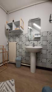 a bathroom with a sink and a mirror on a wall at Gîte La Giroflee in Meillonnas