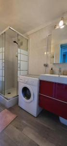 a bathroom with a washing machine and a sink at Spectacular Seaview & Sunset Studio in Old Town in Menton +19 photos