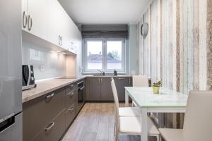 a kitchen with a table and chairs and a window at Quebec Flat in Oradea
