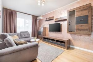 a living room with a couch and a flat screen tv at Quebec Flat in Oradea