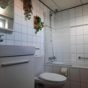 a white tiled bathroom with a toilet and a shower at Torenlicht in Egmond aan Zee