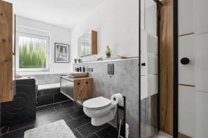 a bathroom with a toilet and a sink and a tub at Hirschberg Living - zwischen Stadt und Natur in Sankt Wendel +15 photos