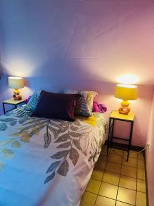 a bedroom with a bed and two lamps on tables at By Jess in La Foa