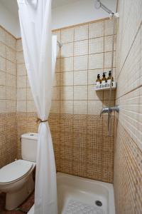 a bathroom with a toilet and a shower with a shower curtain at Casa Abuela Juana in Sabinosa +41 photos