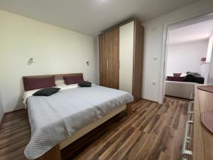 ein Schlafzimmer mit großem Bett und ein Wohnzimmer in der Unterkunft Apartmani Radivojević 2 in Sokobanja