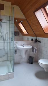 a bathroom with a sink and a shower and a toilet at Hotel Klett B&B in Langenargen