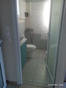 a bathroom with a toilet and a sink and a shower at House on the wave relax in Koroni